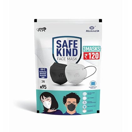 Mankind SafeKind N95 Face Masks with 5 Layer Protection (2 Black + 1 White)