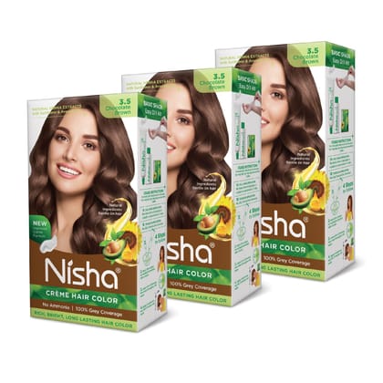 Nisha Creme Hair Color 3.5 Chocolate Brown 120g Pack of 3, Permanent Hair Colour, No Ammonia, 100% Grey Coverage
