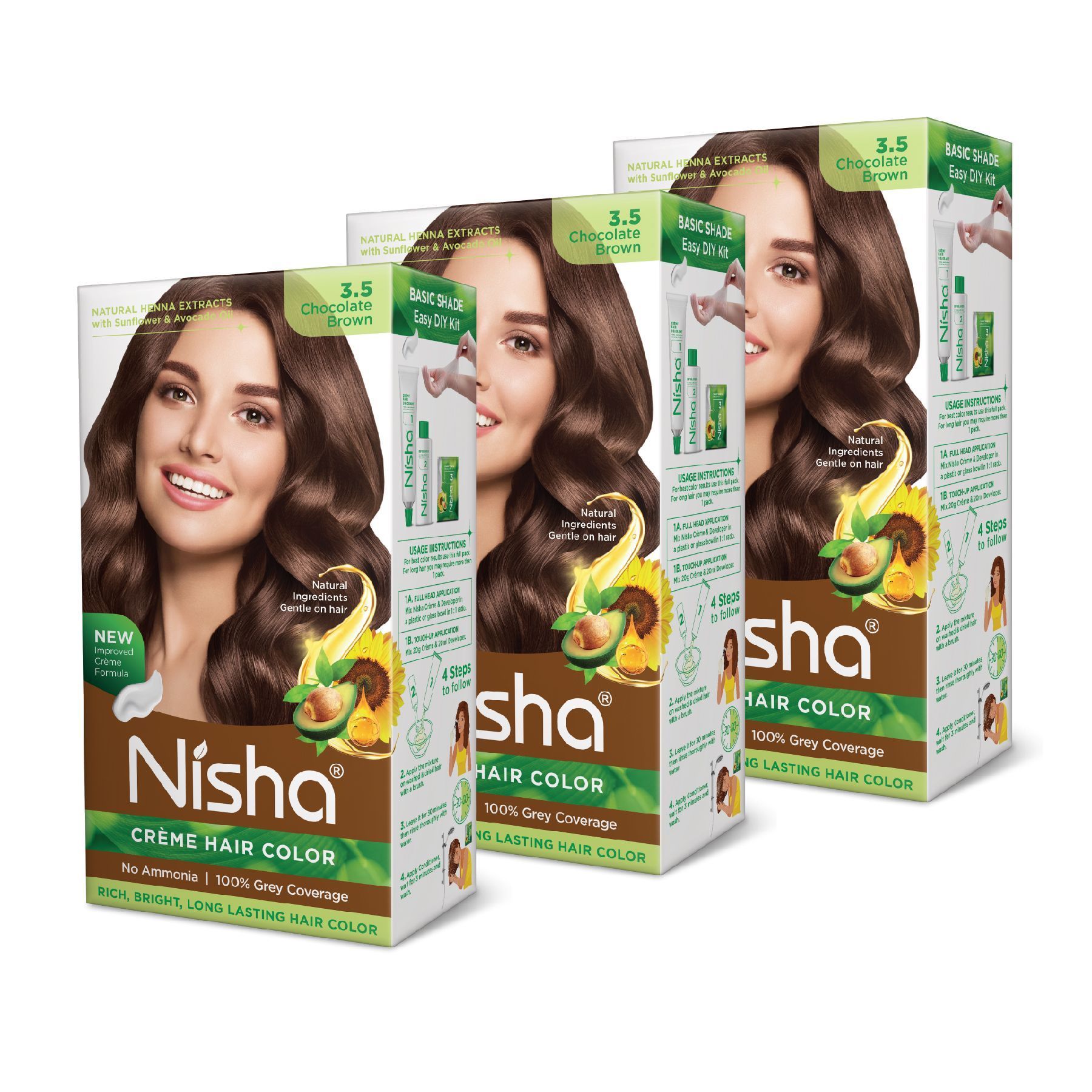 Nisha Creme Hair Color 3.5 Chocolate Brown 120g Pack of 3, Permanent Hair Colour, No Ammonia, 100% Grey Coverage