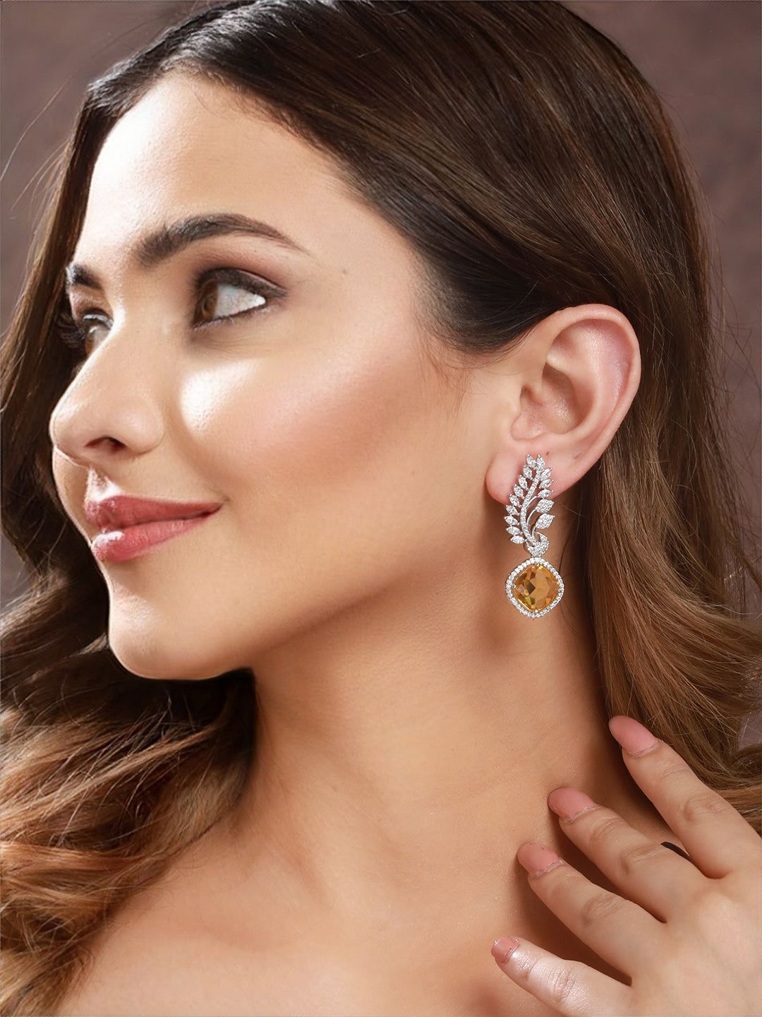 Silver Toned Yellow Citrine CZ Studded Statement Earrings
