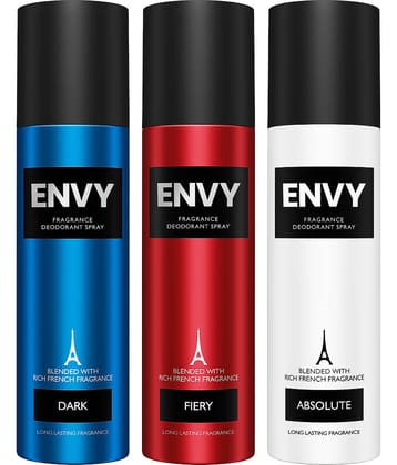 Envy Fiery, Dark & Absolute 120 ml Each Deodorant Spray for Men 360 ml ( Pack of 3 )