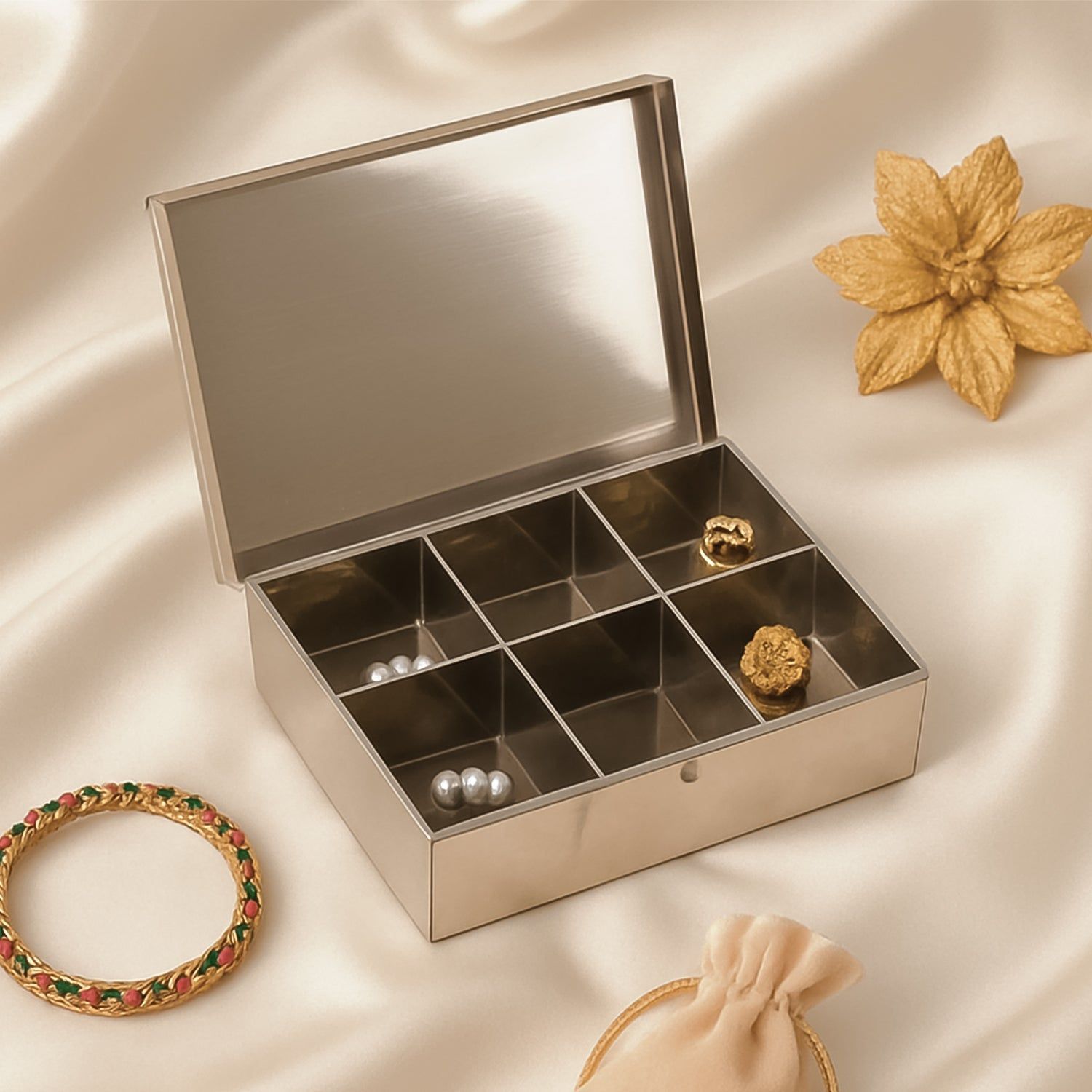 Multipurpose Premium Stainless Steel Jewelry Storage Organizer Box with 6 Compartments (1 Pc)