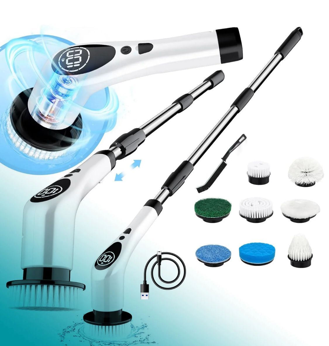 9-in-1 Electric Spin Scrubber with Telescopic Handle & LCD Cordless Rechargeable Power Brush, 2-Speed, IPX Water-Resistant, Quick-Swap Heads for Bathroom, Kitchen, Floor & Car Cleaning