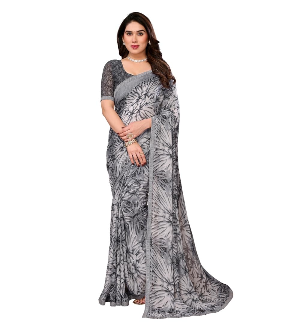 Women's Georgette Printed Saree With Unstitched Blouse 5.5Mtr (Grey)-PID62514