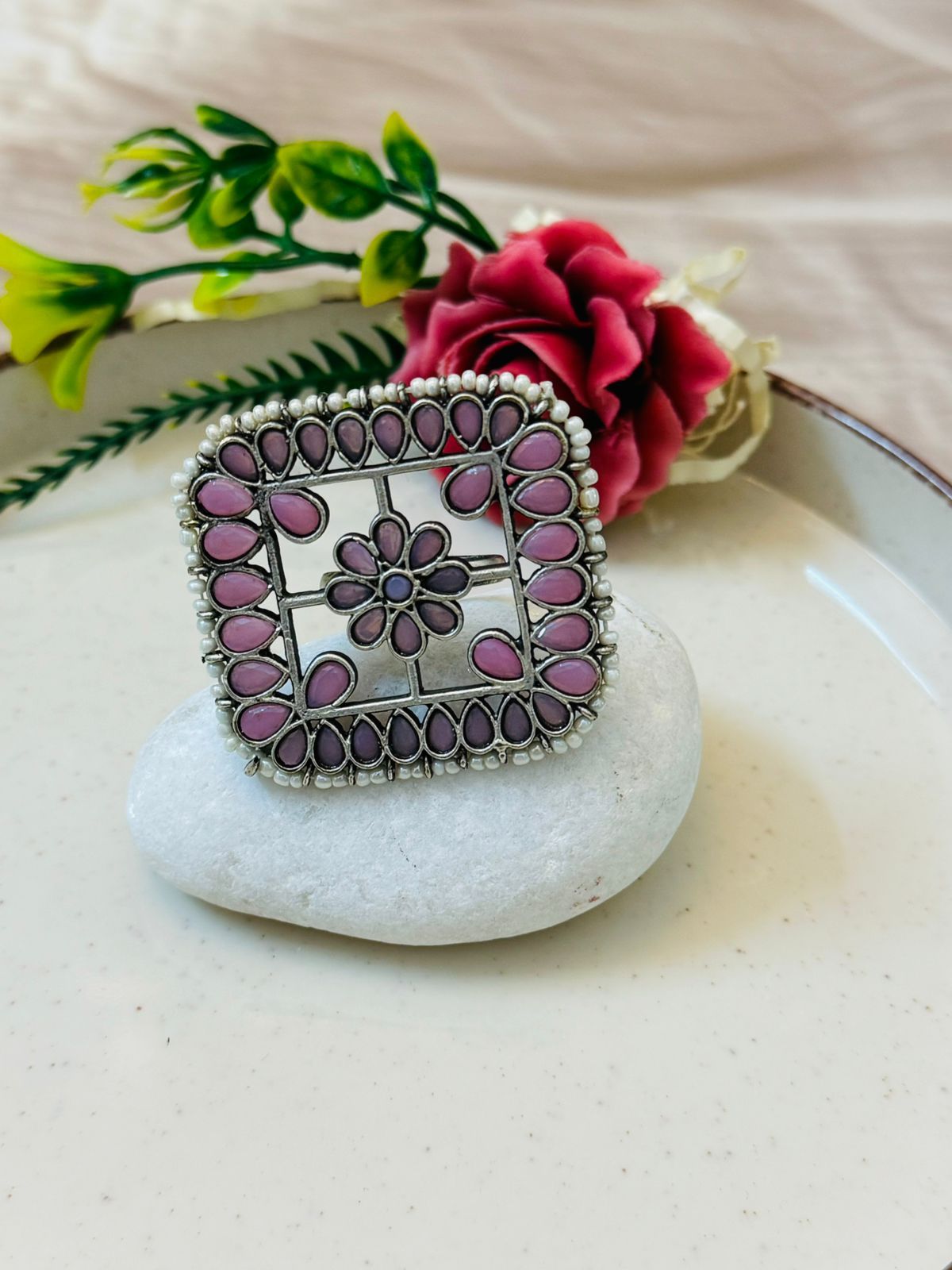 Smitam Jewels Lavender Bliss Adjustable Ring Monalisa Stone Pearl Accent Statement Ring