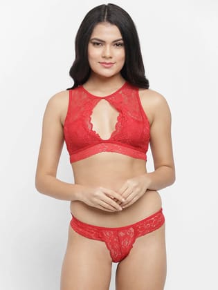 Women’s Lycra Lace Bra Panty Set |  Neck Bralette with G-String | Pull-On Style Lingerie for Honeymoon & Special Nights