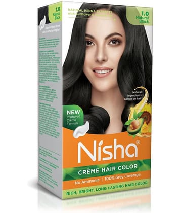 Nisha Creme Hair Color 1.0 Natural Black 120g, Permanent Hair Color for Women & Men, Ammonia Free Hair Colour