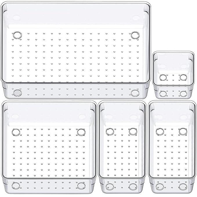 Panchhi Store Drawers Organisers Transparent Dressing Table Organiser 4 Size Versatile Drawer Organizer Trays, Storage Bins for Makeup, Bedroom, Kitchen Gadgets Utensils and Office Acrylic Pack of 5