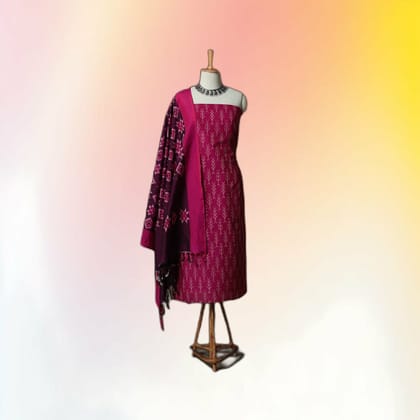 Magenta Ikat Pattern Unstitched Dress Material with Contrast Dupatta | Ethnic Casual | Festive Wear