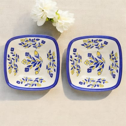 Set of 2 Floral Pattern Blue Pottery BowlsWhite4