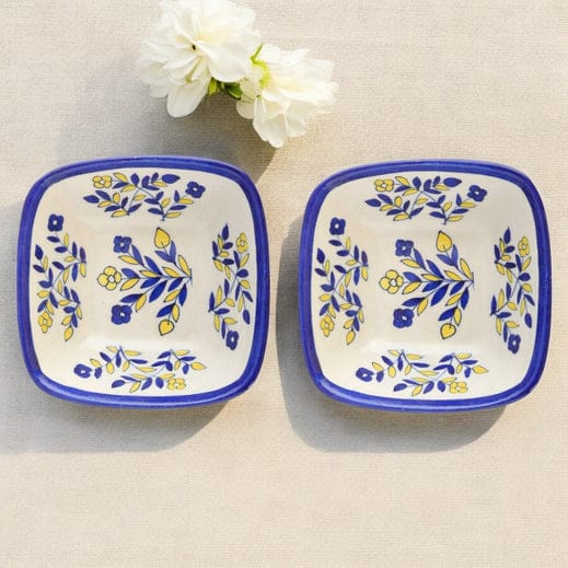 Set of 2 Floral Pattern Blue Pottery BowlsWhite4