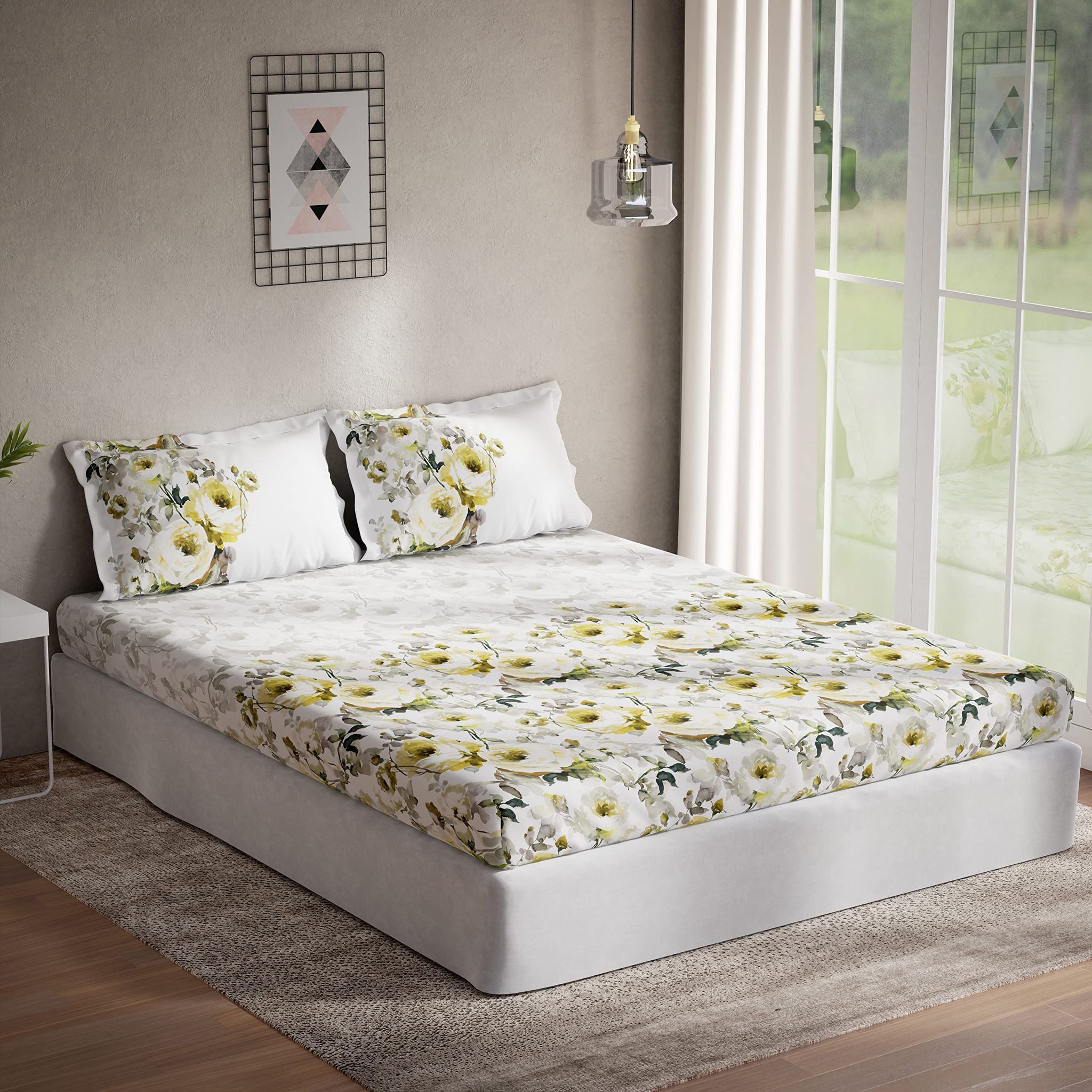 DDECOR - Optima Collection 100% Cotton Floral Pattern 136TC Queen Bedsheet |224 CM X 254 CM| Yellow