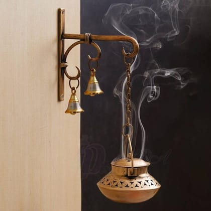 Handmade Indian Brass Wall Diya Lamp | Wall Hanging Metal T-Light Holder with Bells for Festive Decoration & Gifting