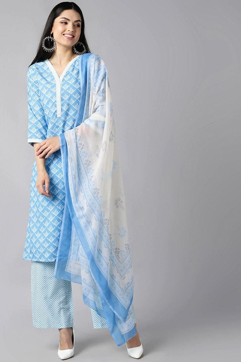 Sky Blue Polyester Straight Kurta Palazzo With Dupatta PKSKD1076