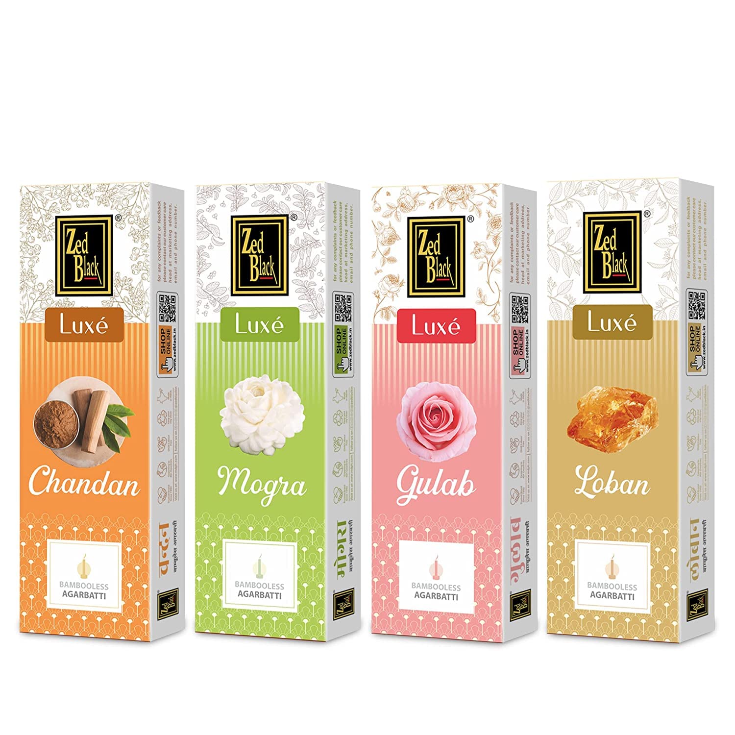 Zed Black Bambooless Agarbatti - Chandan, Mogra, Gulab, Loban - 4x90gm (Pack of 4)