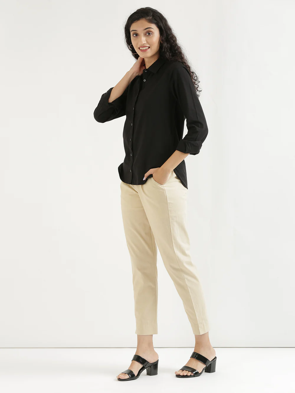 Women's Black Solid Shirt With Beige Top