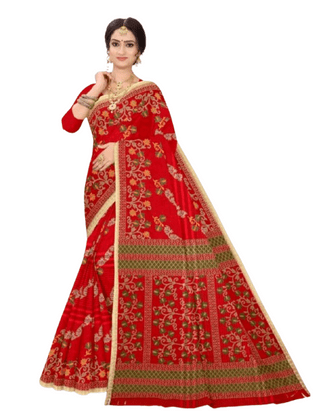 Rg Fashion Deep Jyoti Red Floral Pure Cotton Saree With Blouse Piece Red