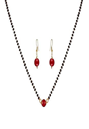 AV Fashion India - Gold Plated Dark Pink Onyx Stone Designer Mangalsutra with Earrings & Black Beaded Chain for Women (AV_Mangalsutra04)