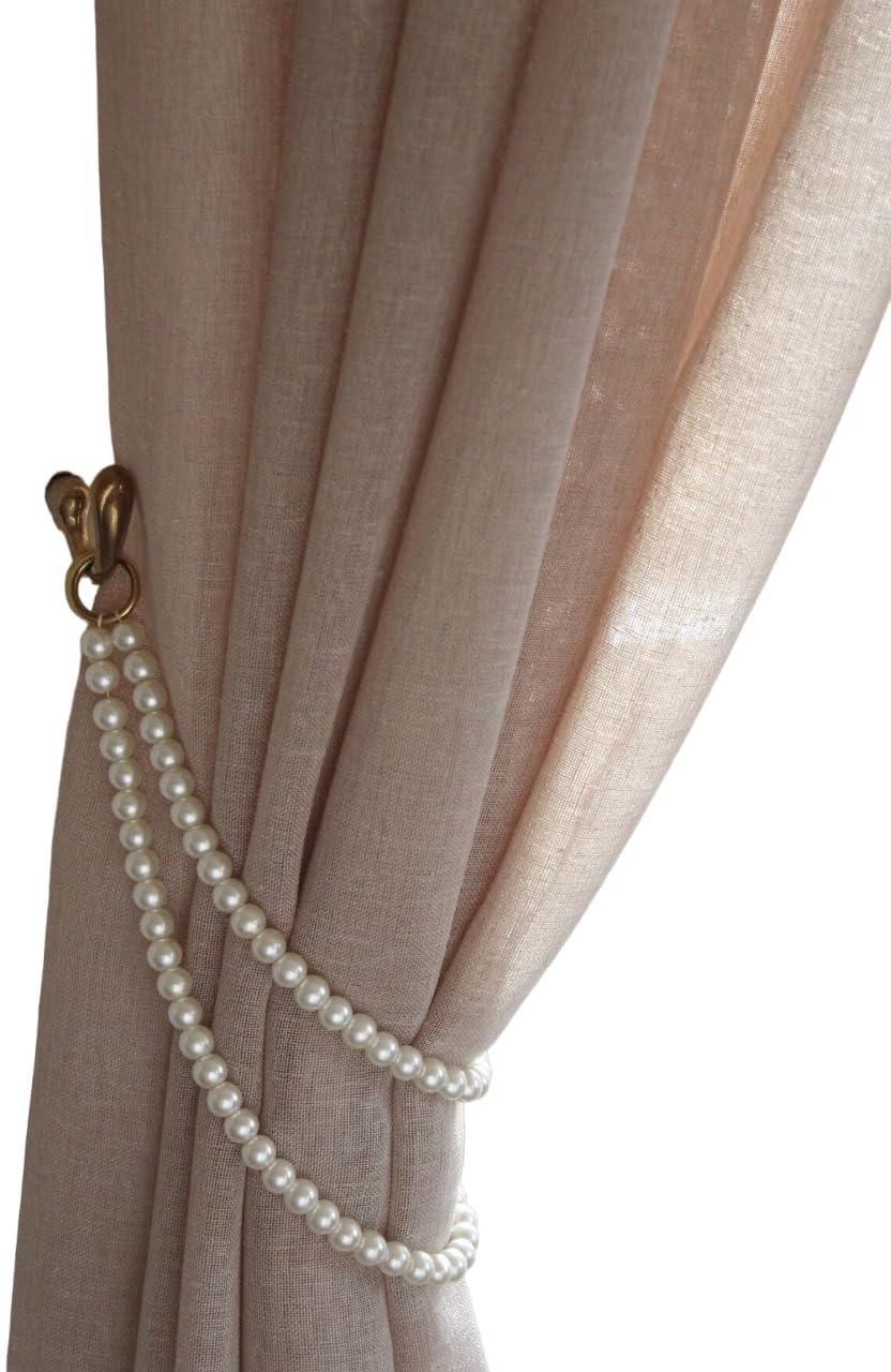 A V FASHION - Curtain Tiebacks Decorative Pearl Beaded Double Layer Curtain Holders (1 Pair) Drape Tie Backs Holdback Holder for Home Office Kitchen Sheer (White)