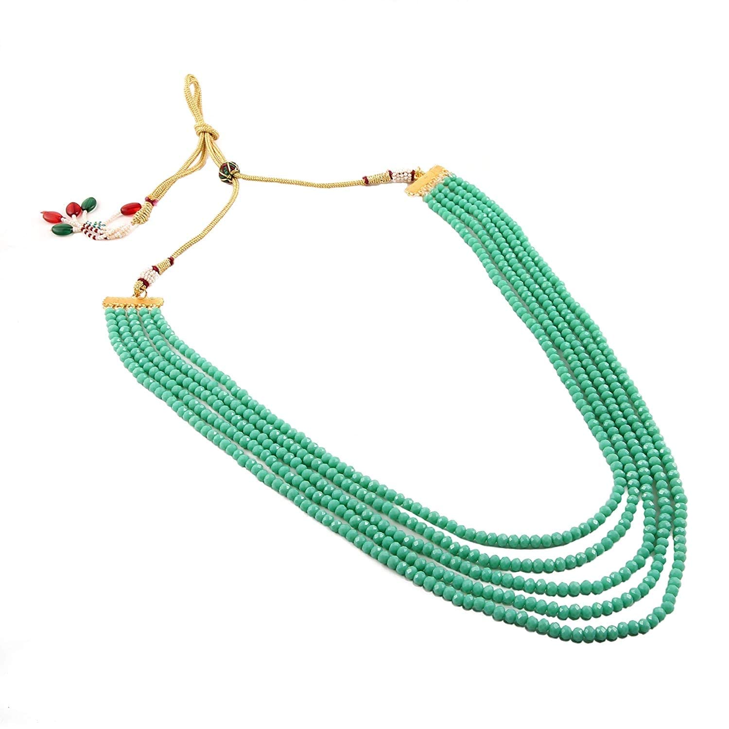 AV FASHION INDIA - Semi Precious Crystal Gemstone Beads Necklace 5 Layer Multistrand 16" Round Faceted Rama Green Colour Stylish Mala For Girl and Women Fashion Jewellery