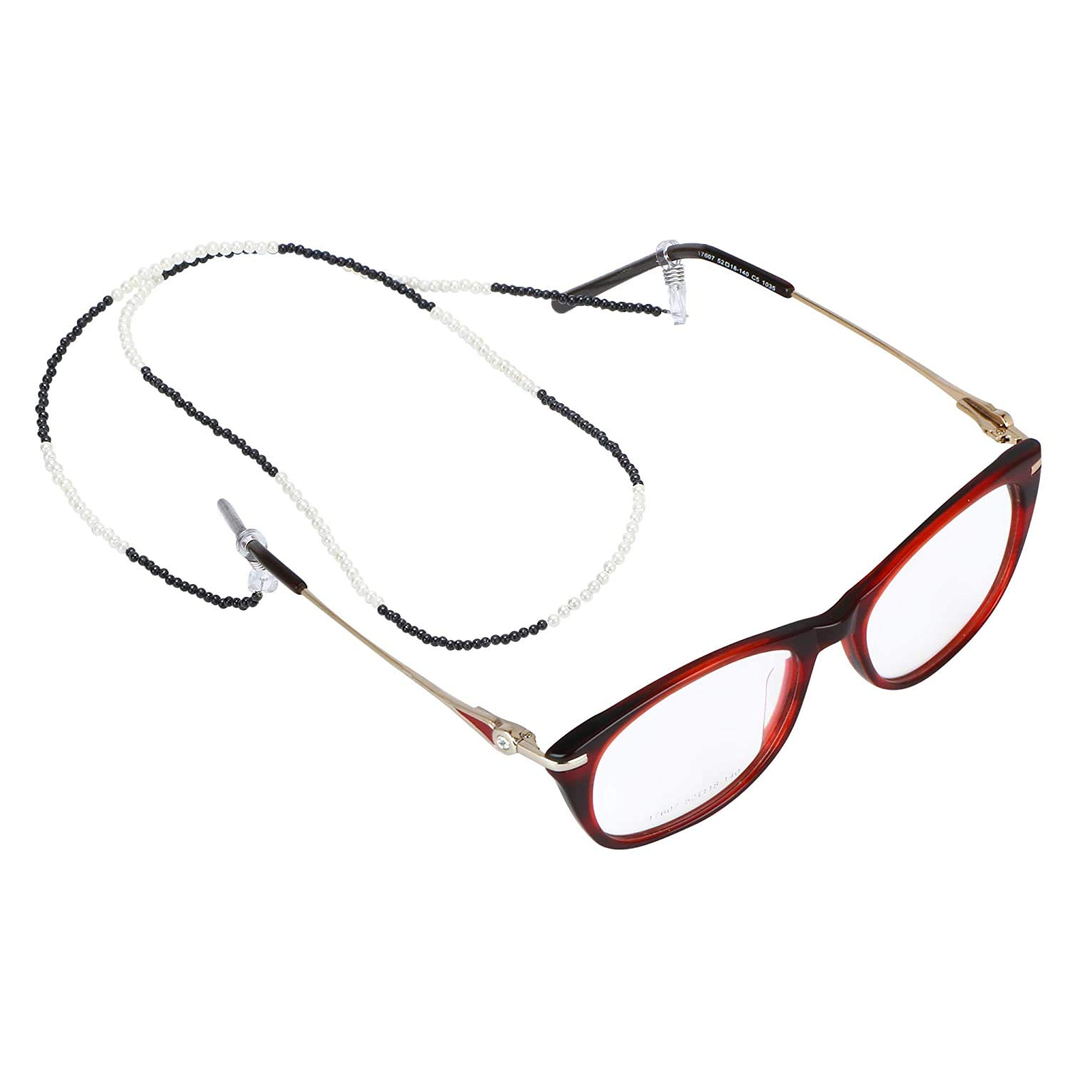 AV Fashion India - Pearl Beaded Eyeglass Sunglass Spectacle Cord Neck Strap String Chain Link Holder 74 cms Multi colour for Women Men and Girl Adjustable Unisex Eyeglass Chain (White/Black)