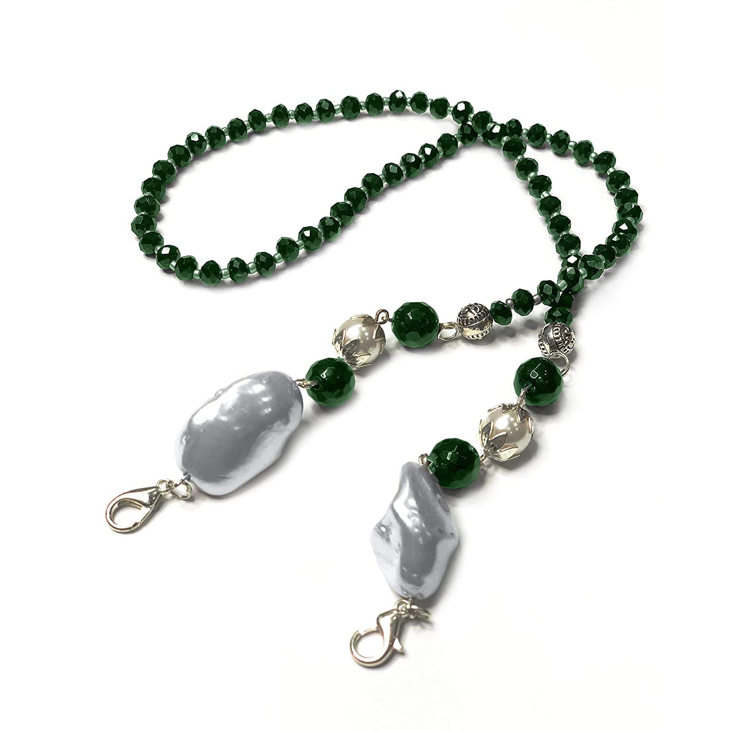 AV Fashion India - Mask Chain, Face Mask Holder, Necklace for Mask, Chain with Big Baroque Pearls, Round pearl and Natural Stones, Mask Lanyard (Green)