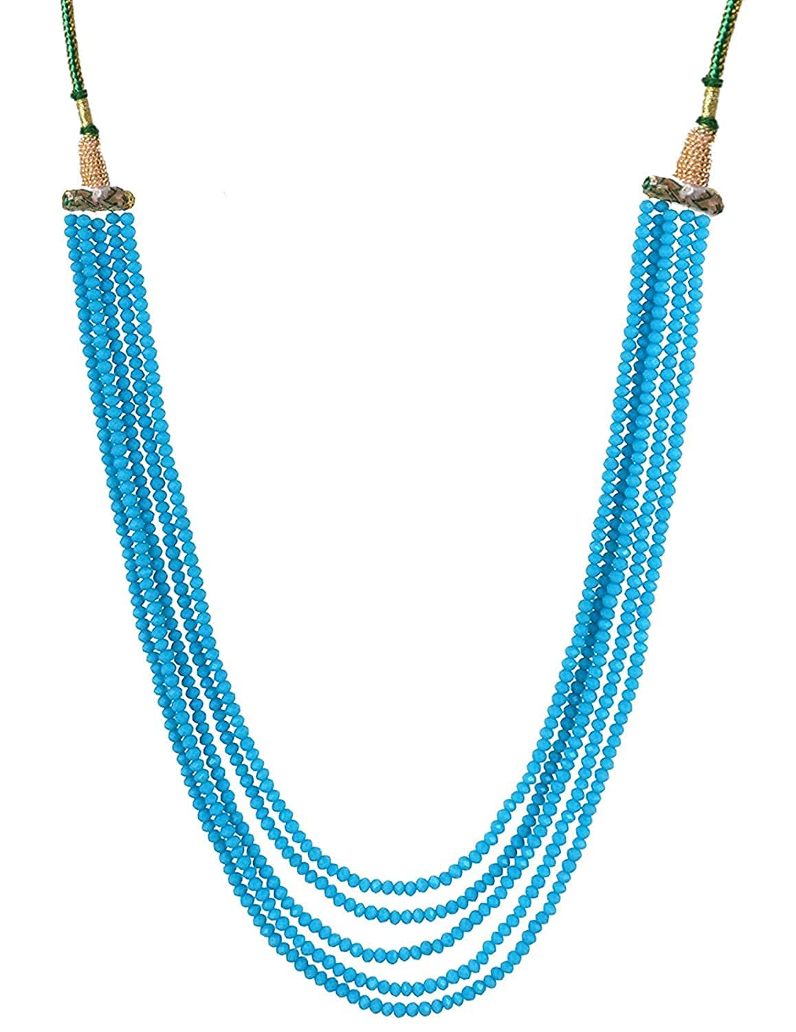AV FASHION INDIA - Semi Precious Crystal Gemstone Beads Necklace 5 Layer Multistrand 16" Round Faceted Firozi Turquoise Colour Stylish Mala For Girl and Women Fashion Jewellery