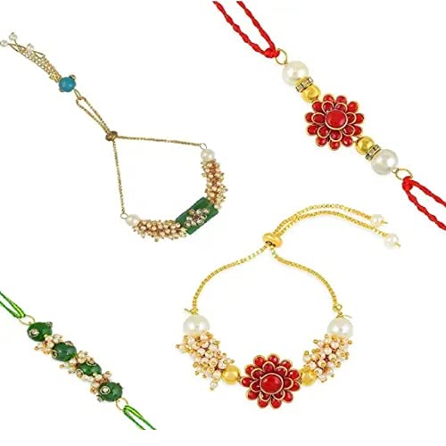 AV FASHION INDIA - Elegant Traditional Gold Plated Couple Rakhi Rakshabandhan Combo Set - Rakhi Gifts for Bhaiya Bhabhi/sister/Bhai/Brother - Pachchi Work Rakhi/Special Rakhi/Lumba Rakhi/Roli Chawal