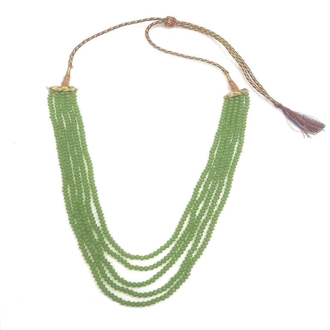 AV FASHION INDIA - Semi Precious Crystal Gemstone Beads Necklace 5 Layer Multistrand 16" Round Faceted Mahendi Green ( Dhaani ) Colour Stylish Mala For Girl and Women Fashion Jewellery