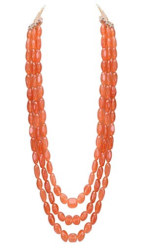 AV Fashion India - Orange Colour Onyx Gemstone Beads Necklace for Girl and Women 3 Layer Fashion Ethnic Strand Orange Mala Bridal Kantha Fashion Jewellery (AV_T23)