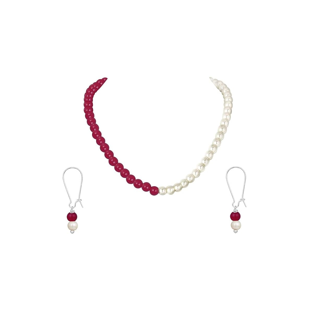 A V FASHION - Pearl & Red Glass Beads Necklace with Earring for Girl and Women 1 Layer Beaded Mala Fashion Jewellery (Red, White)